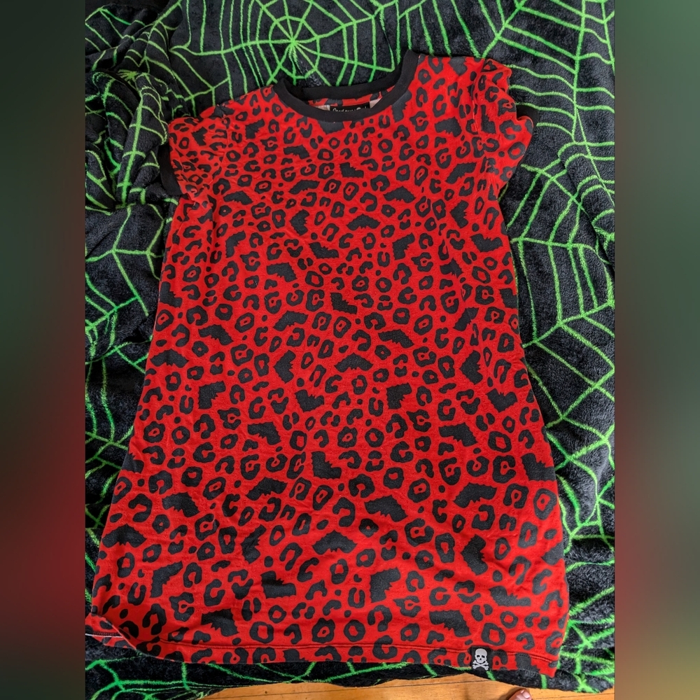 Sourpuss ringer dress, t-shirt dress, leopard batty print, large